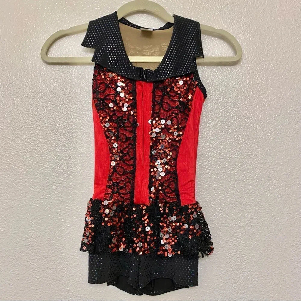 A Wish come true Dance costume red biketard full zip sequin jazz tap child IMC